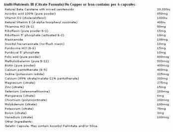 VN's Multi-Nutrients III (Citrate Formula) No Copper or Iron 180 capsules